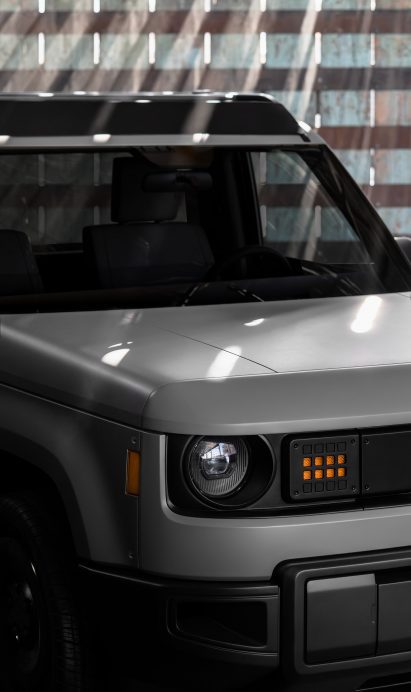 Close-up photo of the front of the Slate Truck showing a blocky, rugged design