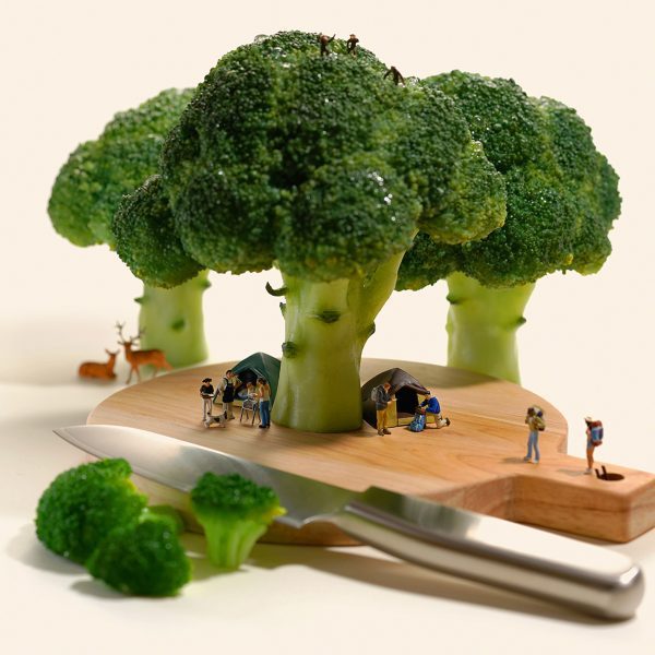 Miniature figurines posed under broccoli pieces that look like trees
