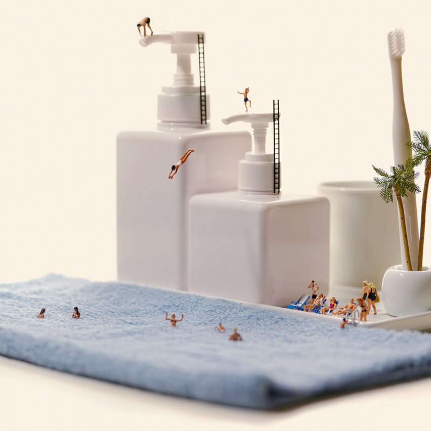Miniature divers on Muji products in photo by Tatsuya Tanaka for Small Muji exhibition