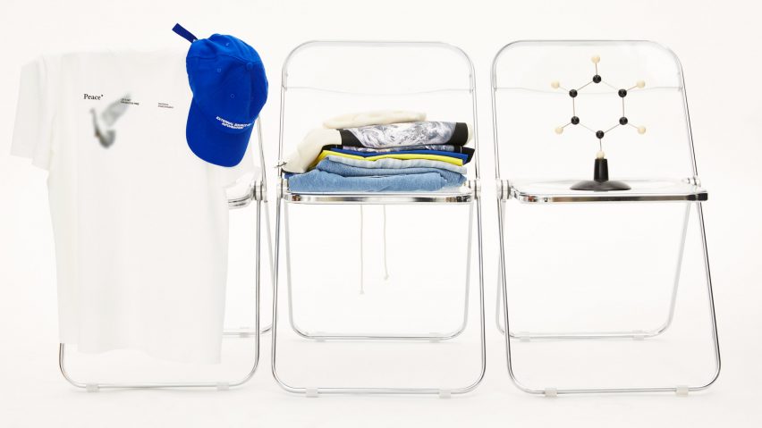 Clothes from streetwear collection by Wikimedia Foundation and Armedangels hanging over fold-out chairs