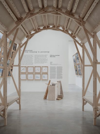 Wooden installation at exhibition by Ron Salguiero and Manuel Bouzas