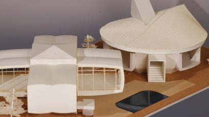a student architectural model in tones of white and brown