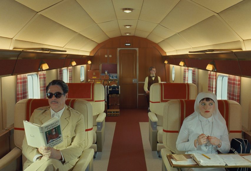 People on a plane with a mid-century-modern interior