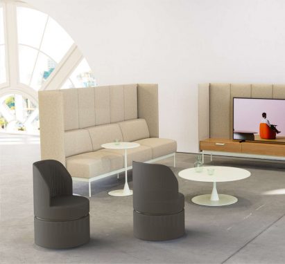 an image showing two beige seating booths around a white table and grey chairs