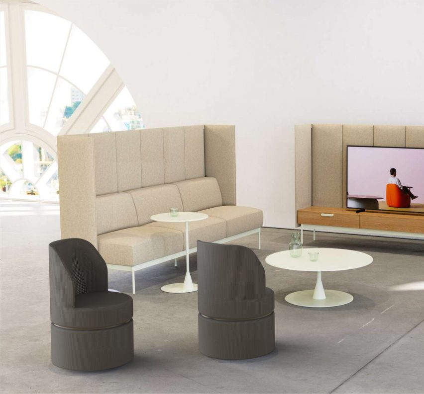 an image showing two beige seating booths around a white table and grey chairs