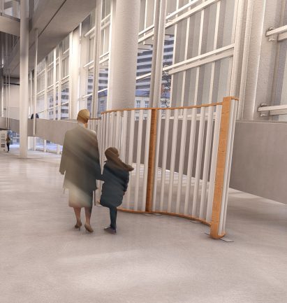 a visualisation of a wooden installation in a room with grey walls and flooring