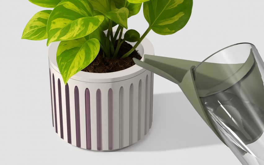 a visualisation of a watering can watering the soil of a plant pot