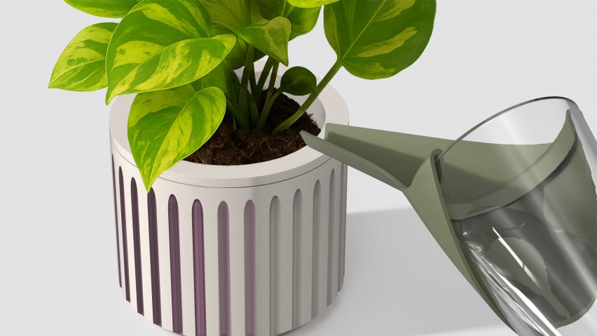 a visualisation of a watering can watering a plant pot