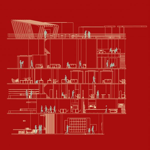 a diagram in tones of yellow against a red backdrop, detailing a building plan