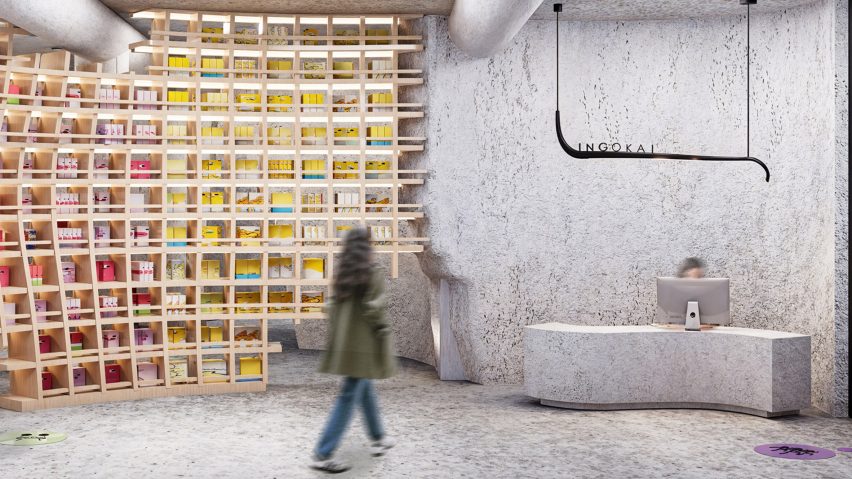 a visualisation of a room with grey walls and a receptionist at a desk, beside wooden shelves with multicoloured contents on them