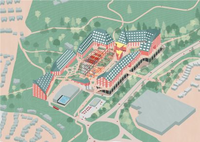 A digital image of a town in tones of pink and green