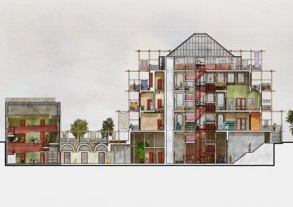 an illustration of a building plan in tones of brown and grey