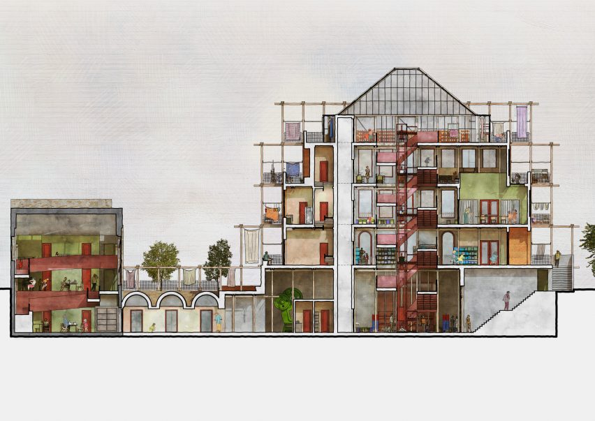 an illustration of a building plan in tones of brown and grey