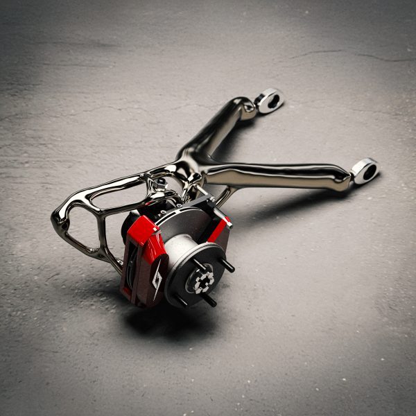 a photograph of a metal tool in tones of silver and red