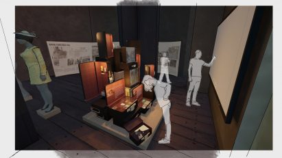 a visualisation of a museum in tones of brown and beige