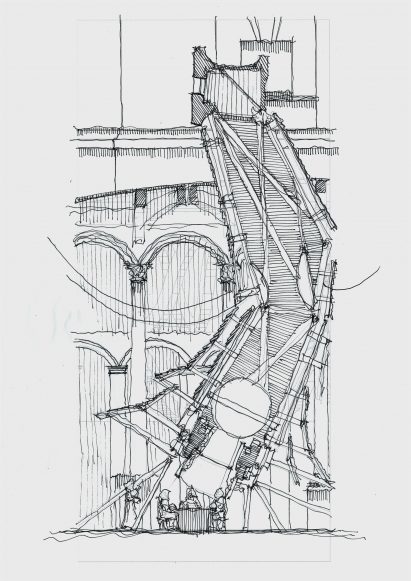 a diagram of a building structure in tones of black and white