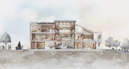a visualisation of a building plan in tones of beige and white
