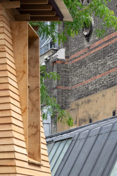 Detail of timber roost installation by 51 Architecture