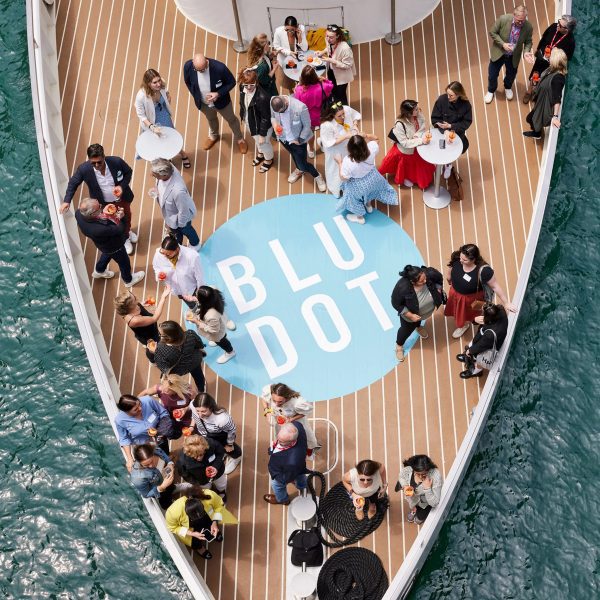 Birdseye photo of boat with Blu Dot logo