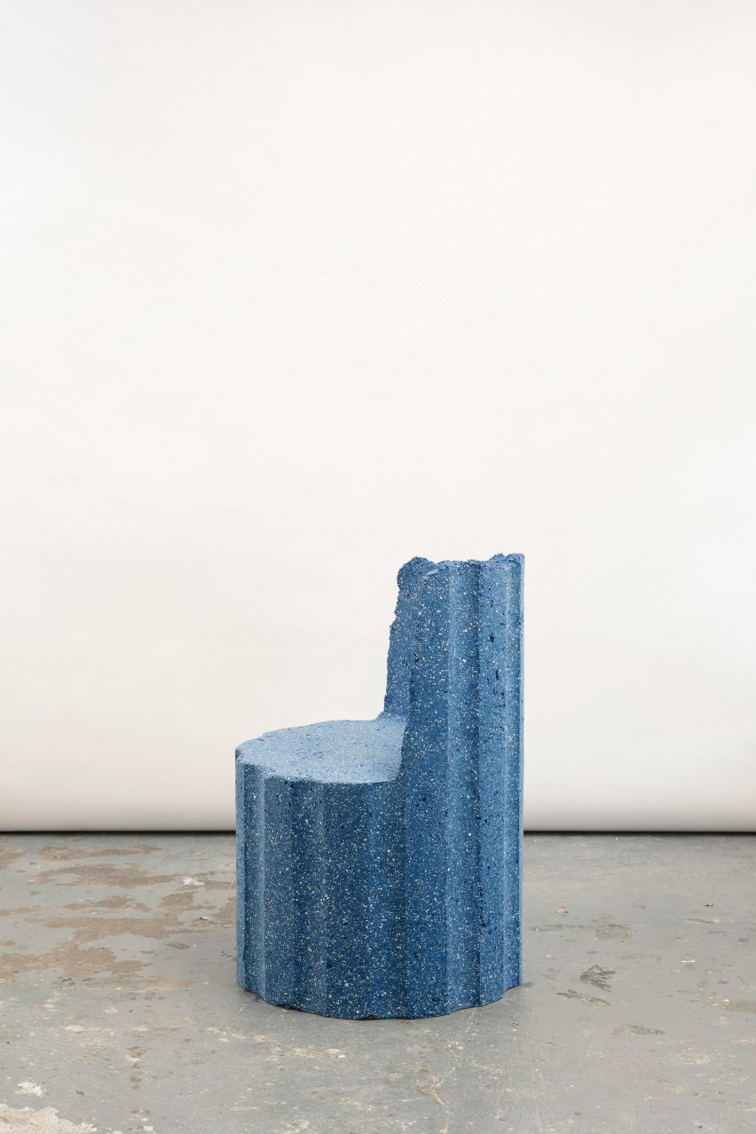 Photograph of the blue granite-looking armchair.
