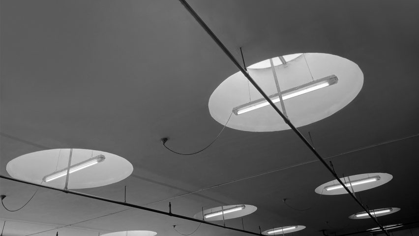 Black and white photo of ceiling lighting