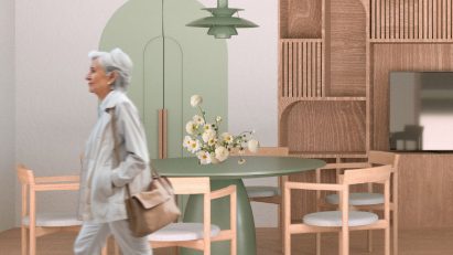 Render of elderly lady walking through a kitchen