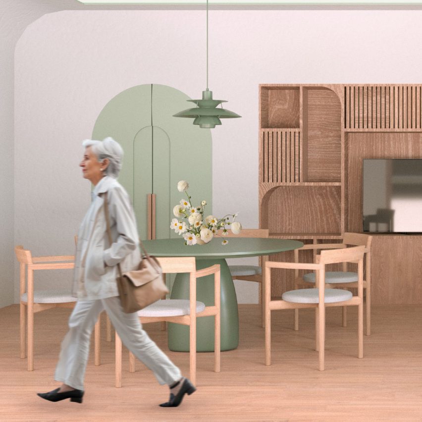 Render of elderly lady walking through a kitchen