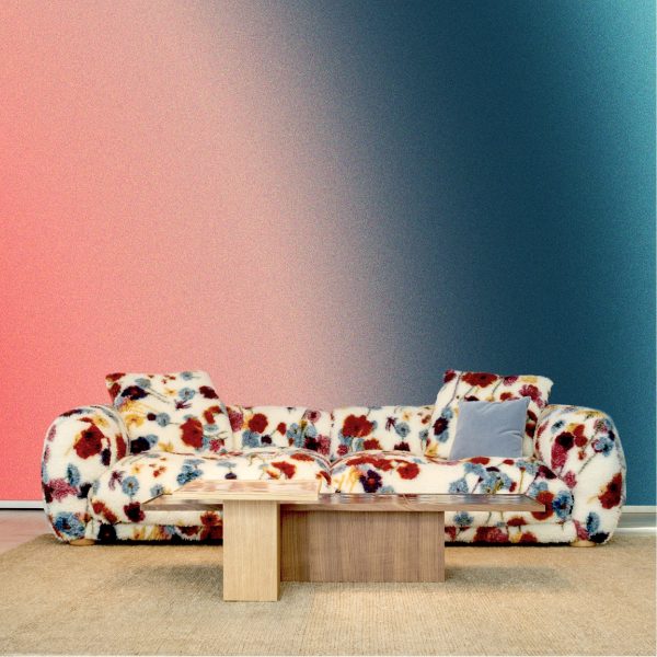 Photo of colourful sofa and wooden coffee table by Moroso