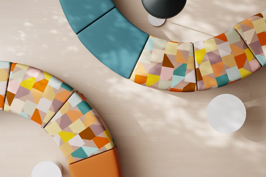 A bird's eye view of the mosaic textile covering featured on circular seating