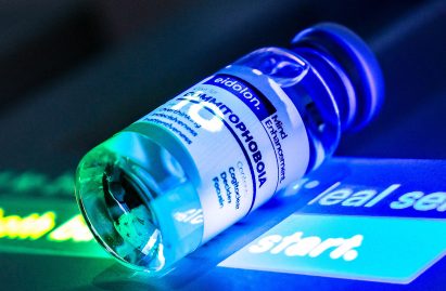 Medical bottle under blue light
