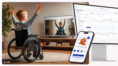 Little boy in a wheelchair in front of a screen