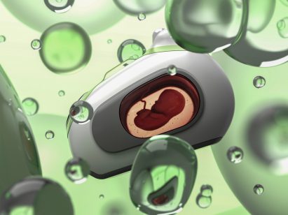 Embryo in a pod surrounded by green liquid and bubbles