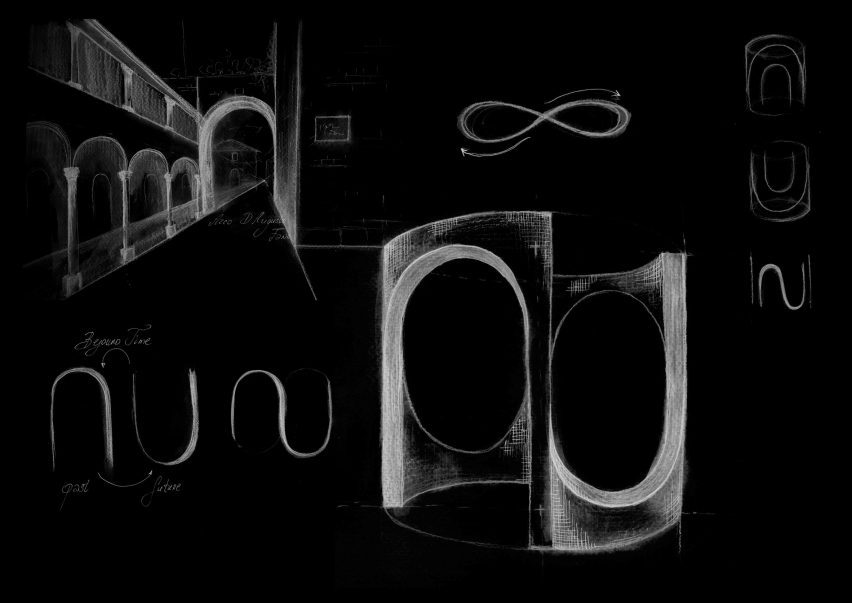 Infinity loop elevation of The Temple shown in sketch