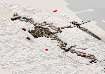 a visualisation of a city from above in tones of white, brown and red