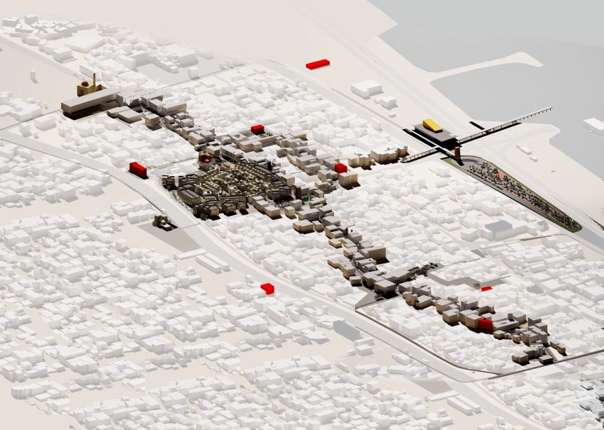 a visualisation of a city from above in tones of white, brown and red