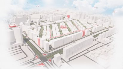 a visualisation of a city in tones of white, red and green