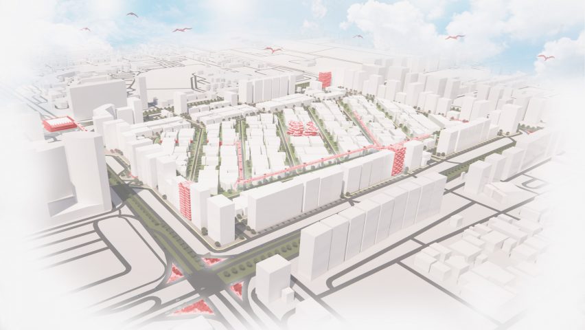 a visualisation of a city in tones of white, red and green