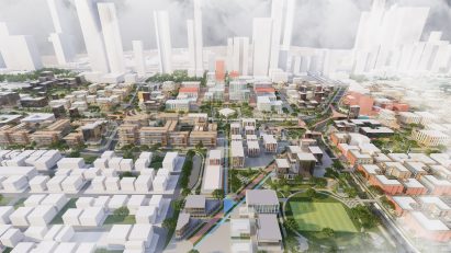 a visualisation of a city in tones of green and white