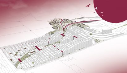 a diagram of buildings in a city in tones of white, amongst a red backdrop