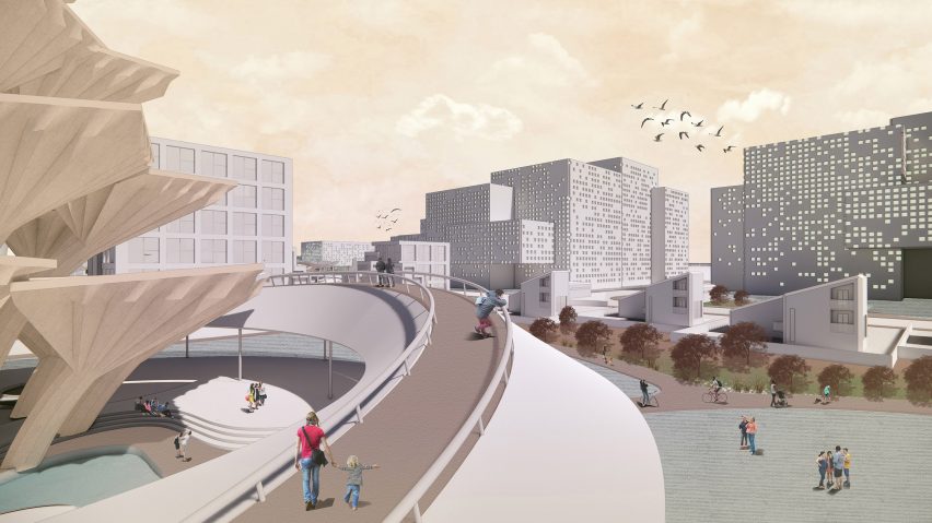 a diagram of a city in tones of beige and grey