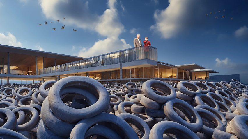 a visualisation of two people stood above a pile of rubber tyres