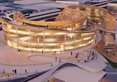 a visualisation of a circular building in yellow and orange tones