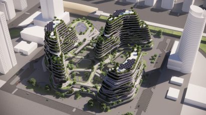 a visualisation of three buildings in tones of green and white