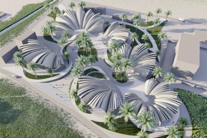 a visualisation of a group of circular white buildings from above, surrounded by greenery and palm trees