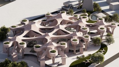 a visualisation of a wooden structure in an outdoor setting