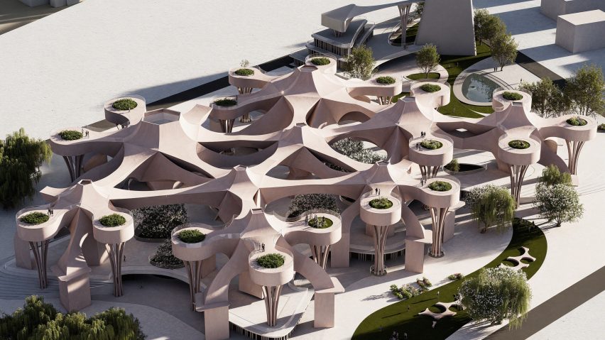 a visualisation of a wooden structure in an outdoor setting