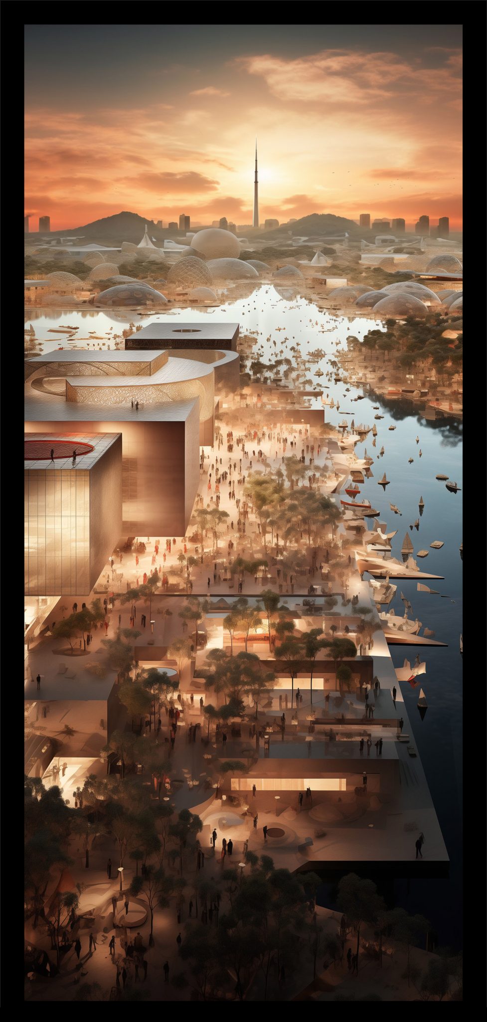 a digital image of a waterfront landscape in tones of brown and beige