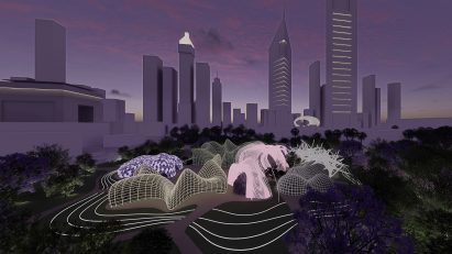 a digital image of a city skyline in tones of purple