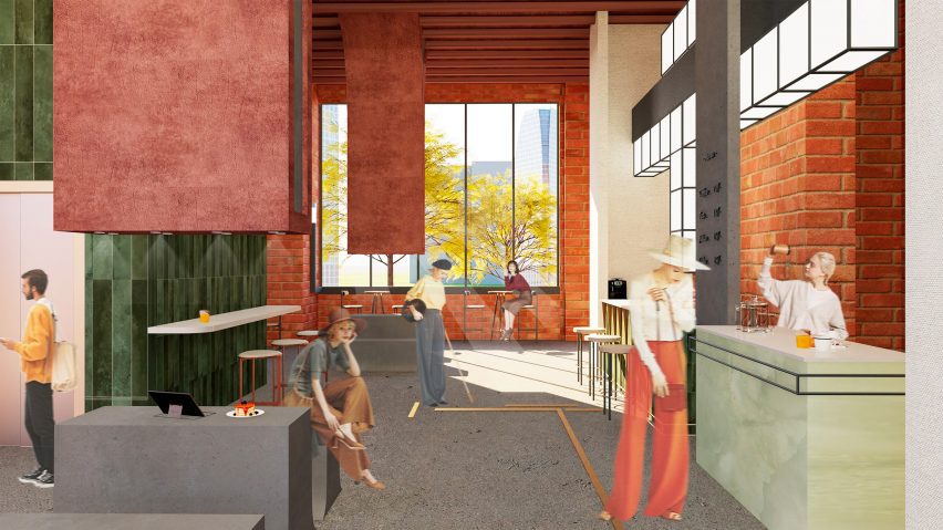 a visualisation of an exhibition space in tones of red, grey and white