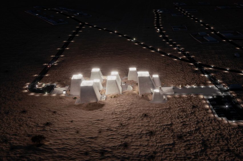 an visualisation of illuminated white buildings in a desert